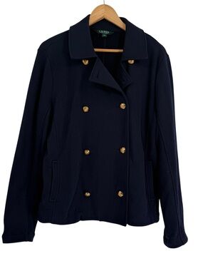 Lauren Ralph Lauren Navy Blue Knit Double Breasted Gold Crest Button Jacket L